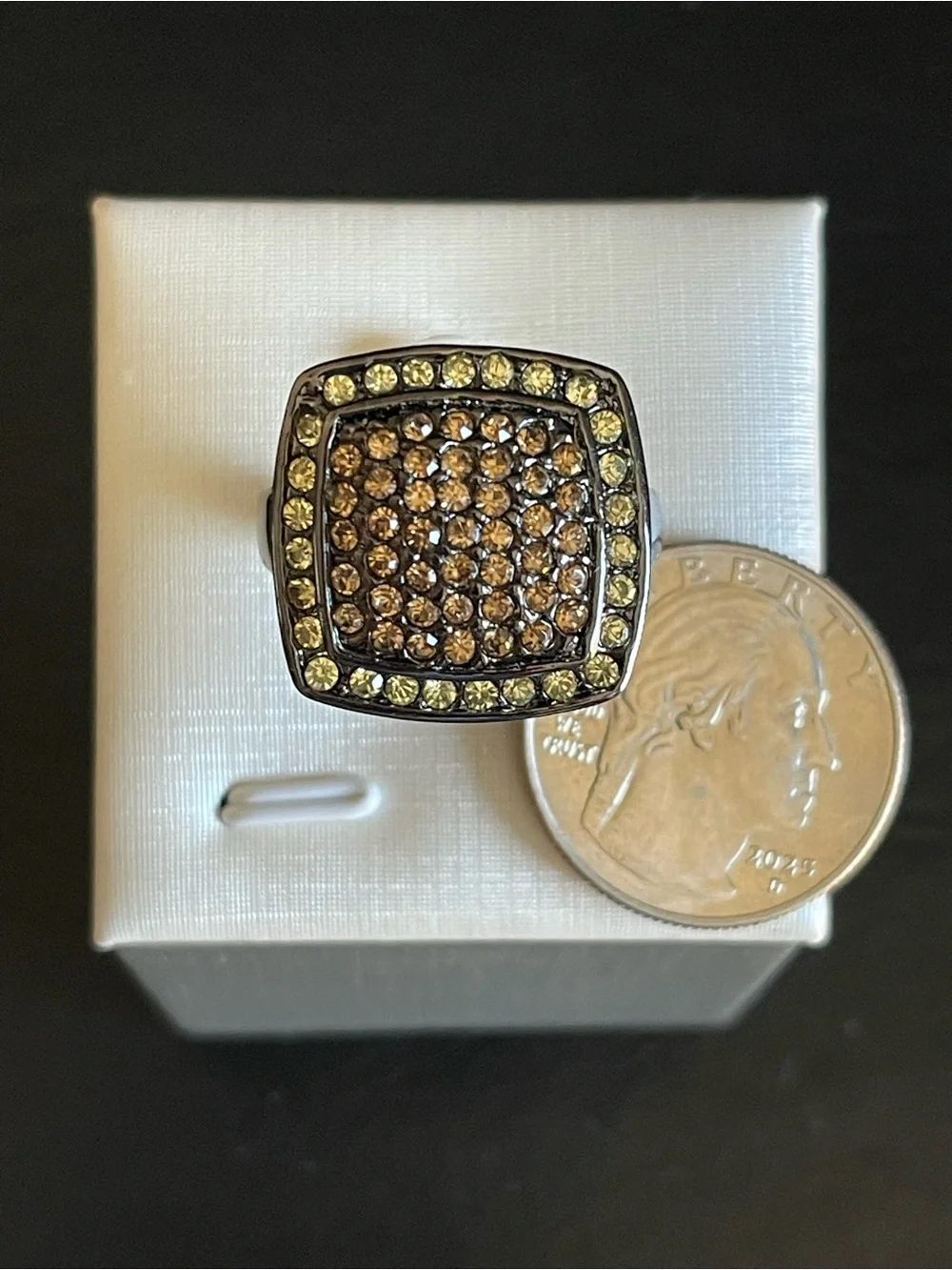 Black silver tone Square Pave Cocktail Ring with Champagne Crystals